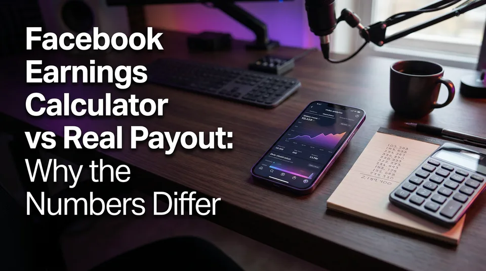 Phone with analytics chart beside a calculator, showing Facebook earnings calculator accuracy