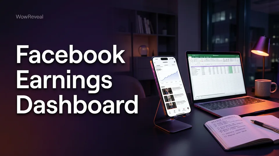 Phone and laptop showing a Facebook earnings dashboard with per-post Reels data