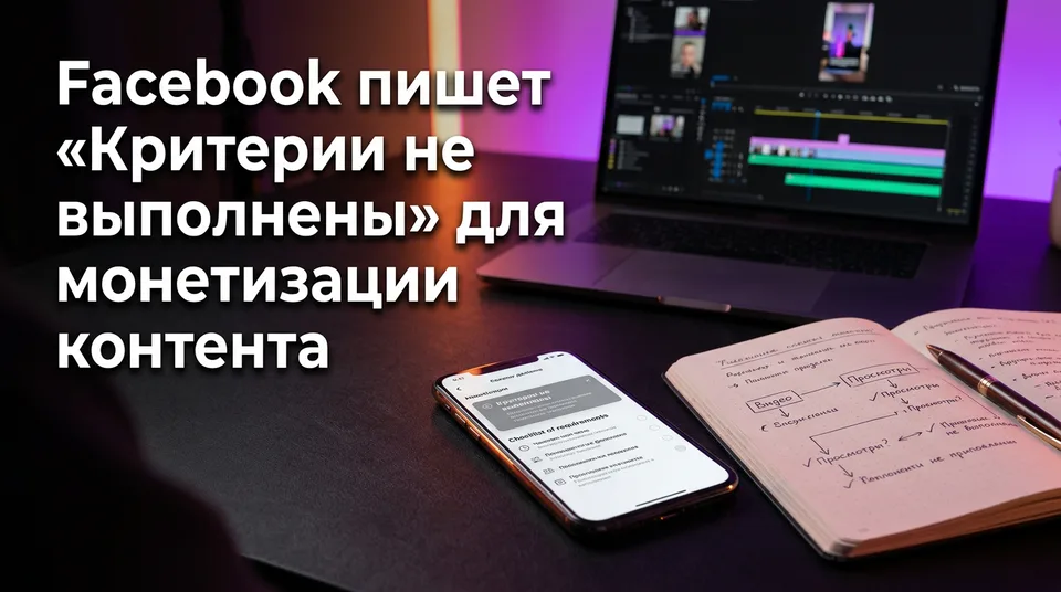 Экран телефона со статусом «критерии не выполнены» в монетизации контента Facebook рядом со схемой диагностики