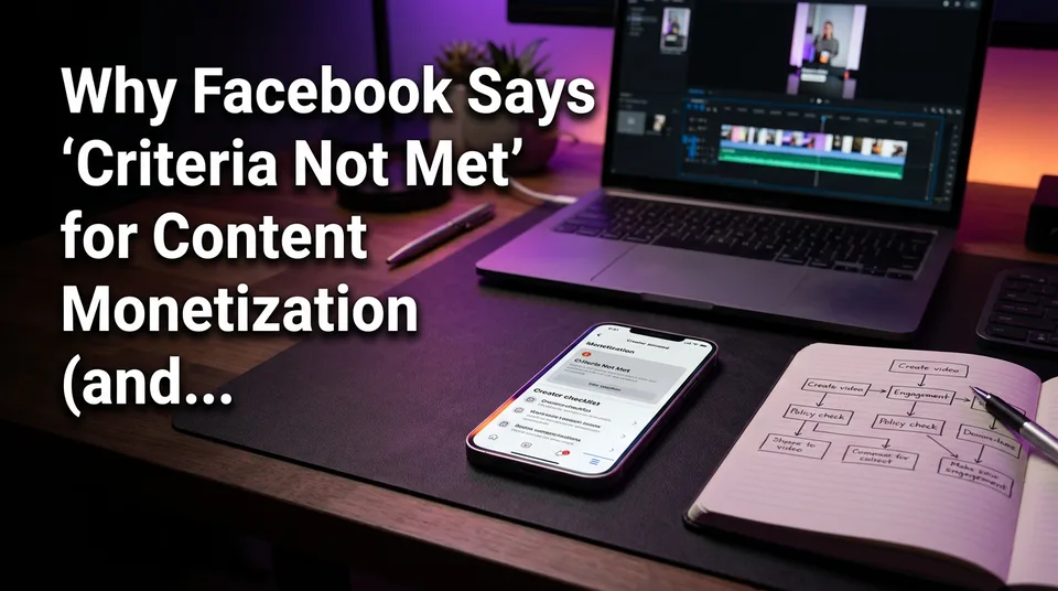 Phone dashboard showing Facebook content monetization criteria not met beside a troubleshooting flowchart