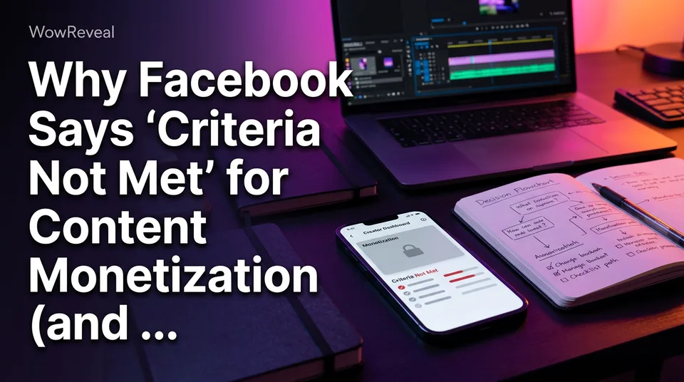 Phone dashboard showing Facebook content monetization criteria not met beside a troubleshooting flowchart