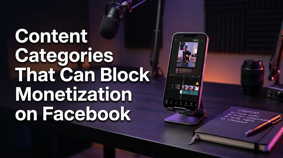 Phone with a flagged Reel illustrating Facebook monetization restricted categories