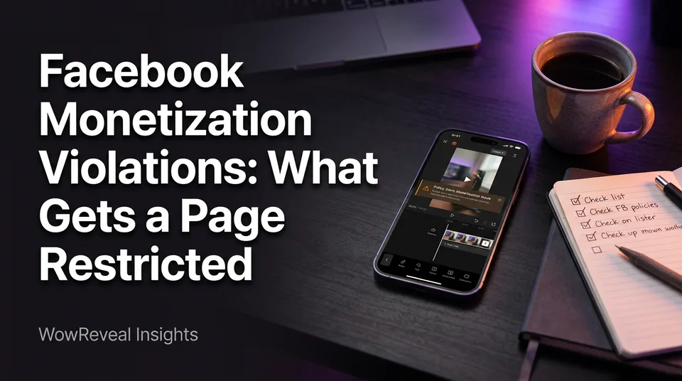 Phone with a warning notice illustrating Facebook monetization violations on a Reels page