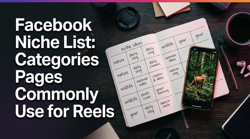 Phone with vertical wildlife video beside a notebook of Facebook niches list ideas