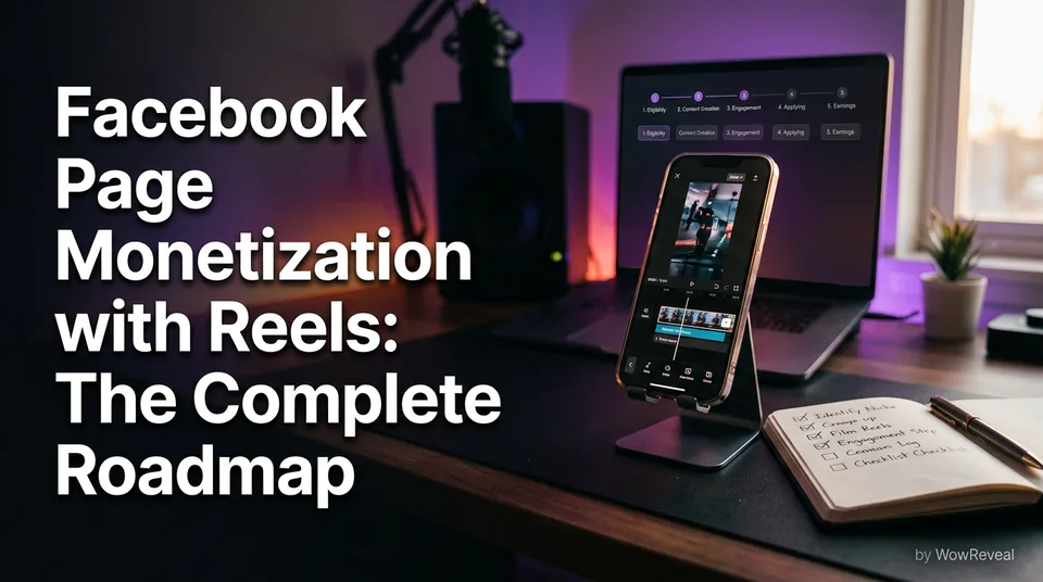 Phone with vertical video and five-stage plan for Facebook page monetization with Reels