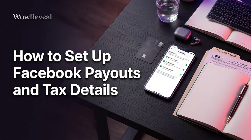 Phone, bank card and tax papers laid out for Facebook payout setup