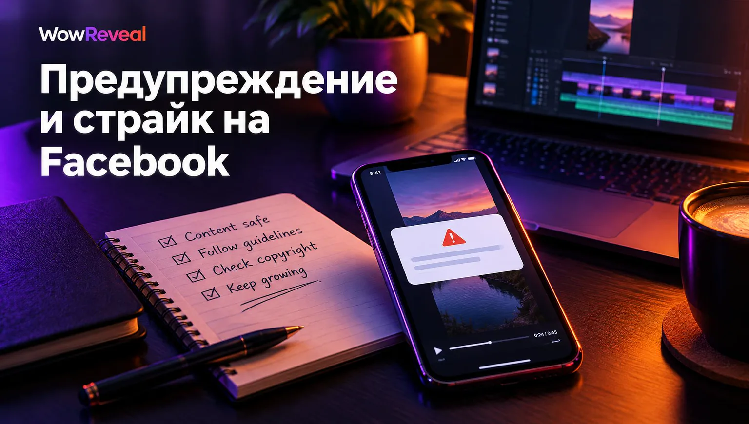 Телефон с уведомлением о нарушении правил: предупреждение и страйк на Facebook для авторов Reels