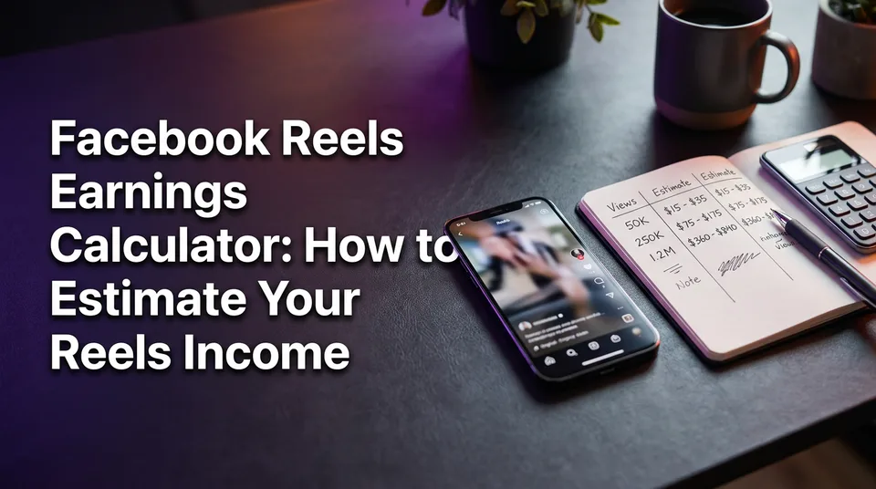 Phone and notebook with view counts used in a Facebook Reels earnings calculator