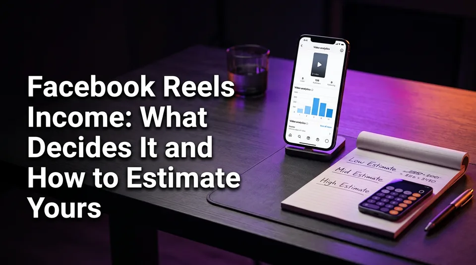 Phone with analytics beside a notepad estimating Facebook Reels income