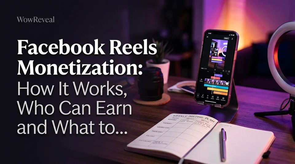 Phone with a vertical Reel in an editor, representing Facebook Reels monetization workflow