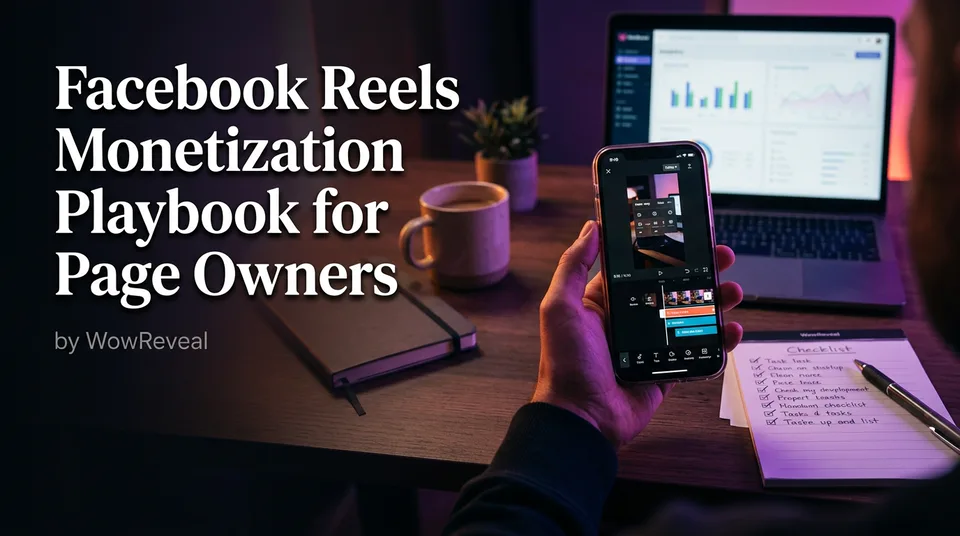Phone with a vertical video and a checklist illustrating a facebook reels monetization playbook