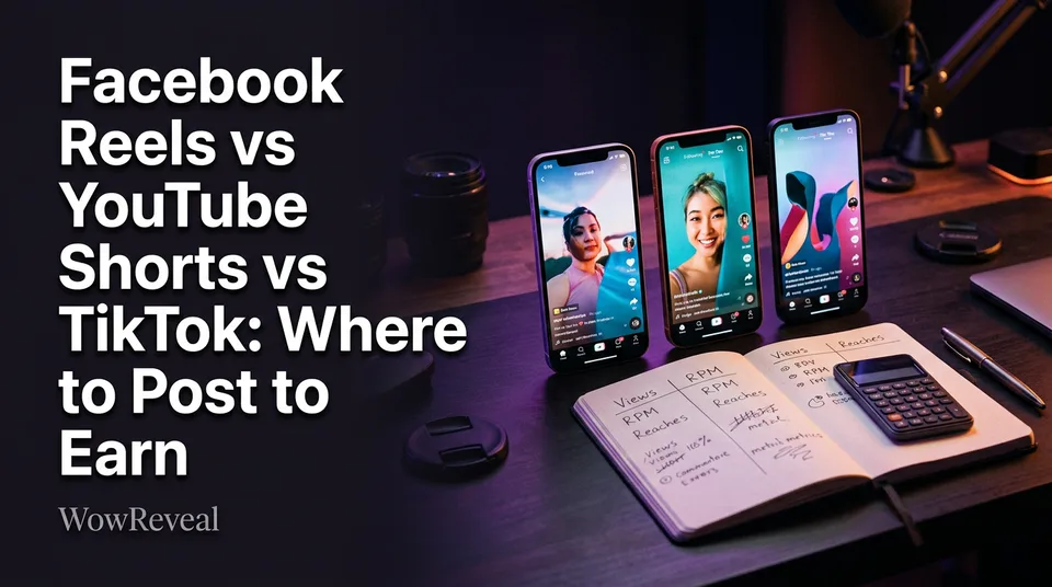Three phones showing vertical videos for a Facebook Reels vs YouTube Shorts monetization comparison