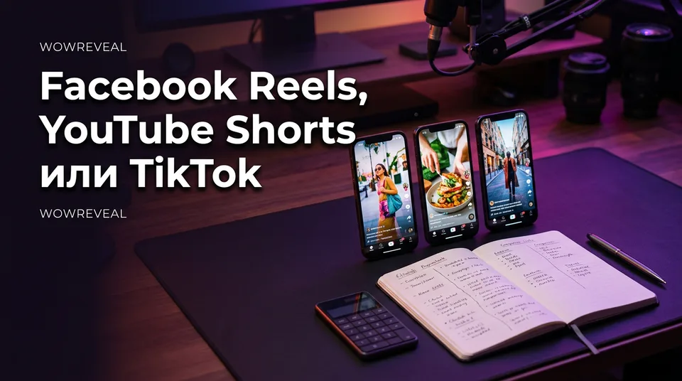 Три телефона с вертикальными видео для сравнения монетизации Facebook Reels и YouTube Shorts