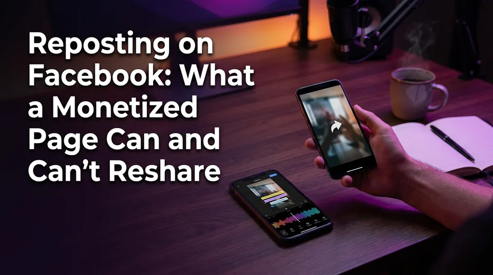 Two phones comparing a shared Reel and an edited Reel, illustrating facebook reposting rules for Reels