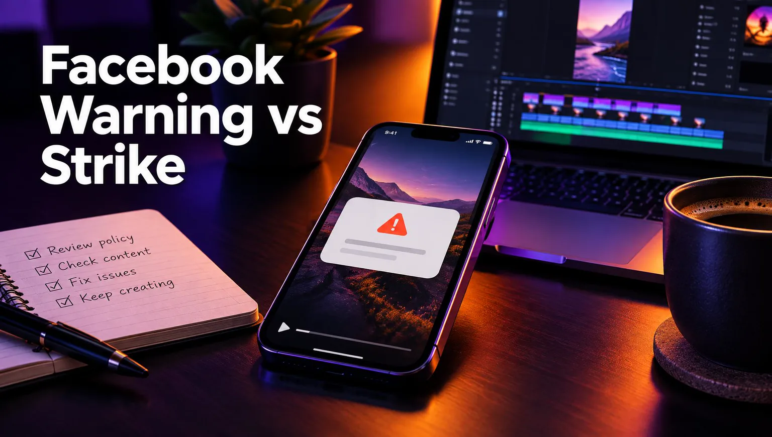 Phone showing a policy notice, illustrating Facebook warning vs strike for Reels creators