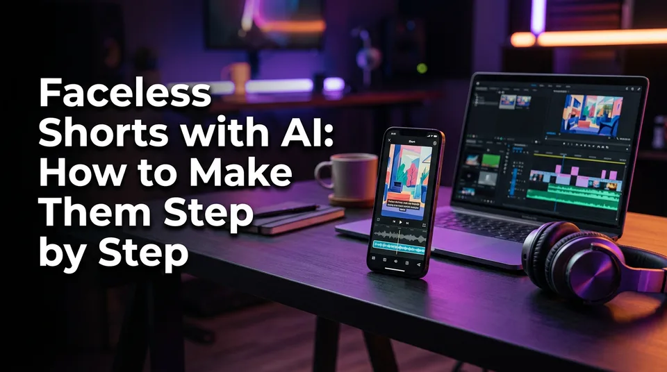 Phone showing a vertical faceless short made with AI beside an editing timeline