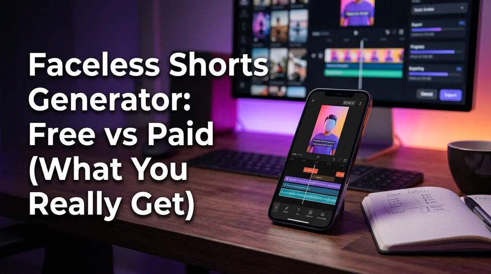 Phone editing a vertical video with a notebook comparing faceless shorts generator free and paid costs