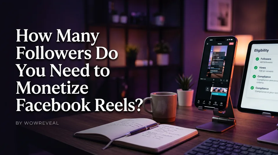 Phone with eligibility checklist showing how many followers you need to monetize reels on Facebook
