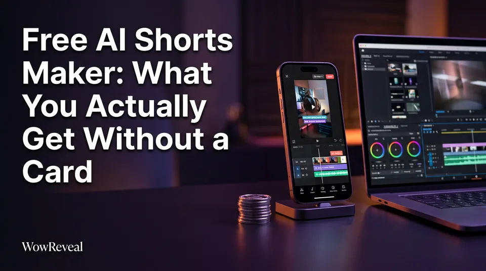 Phone with a finished vertical video next to a free AI shorts maker timeline