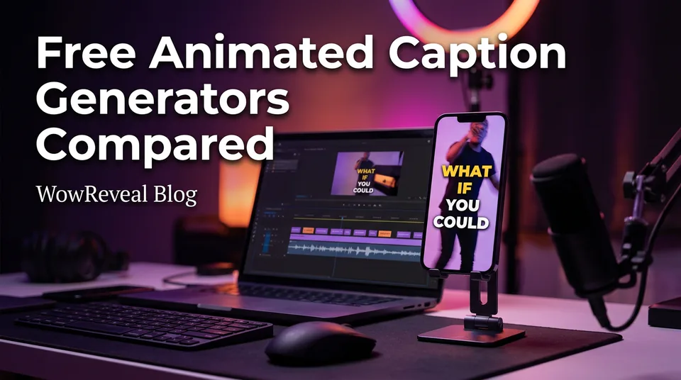 Phone showing a vertical video with a free animated caption generator timeline beside it