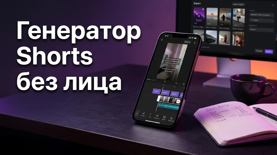 Телефон с вертикальным видео в редакторе и блокнот, где сравнивается стоимость бесплатного и платного генератора Shorts без лица