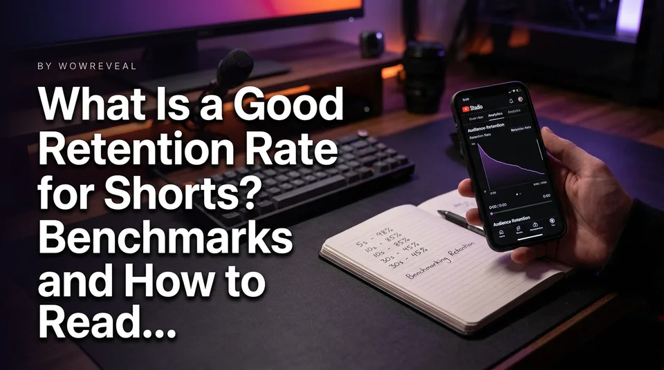 Phone showing a Shorts audience retention graph beside a notebook of percentages