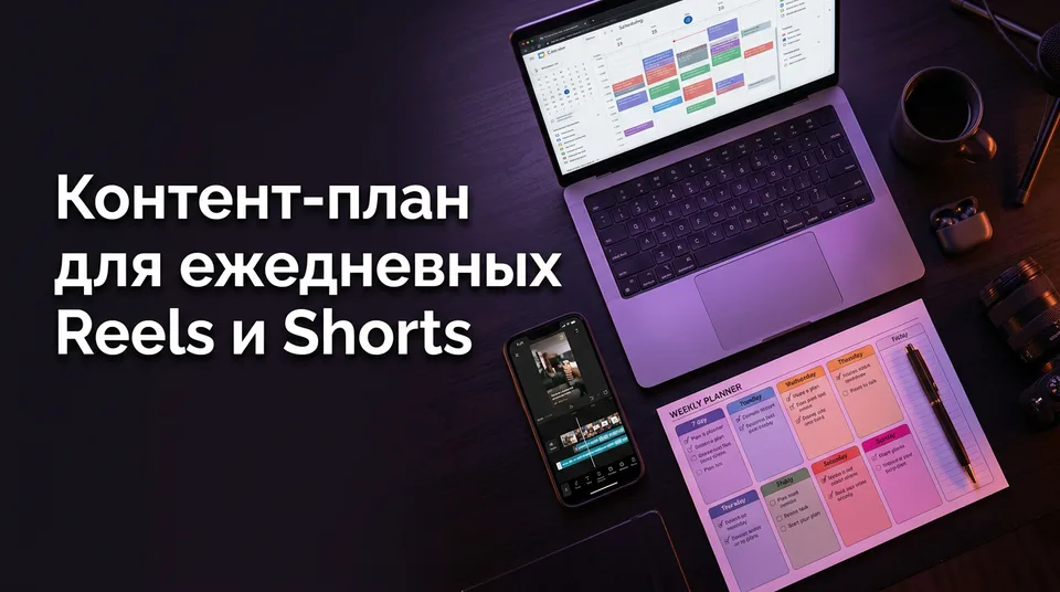 Недельный планер публикаций Reels рядом с телефоном, на экране которого вертикальное видео