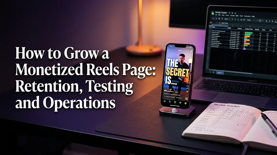 Phone with vertical video beside a weekly tracking sheet to grow a monetized Reels page