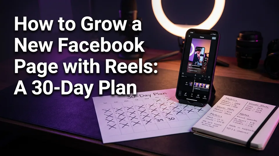Phone with vertical video beside a 30-day calendar, planning to grow a new Facebook page with Reels