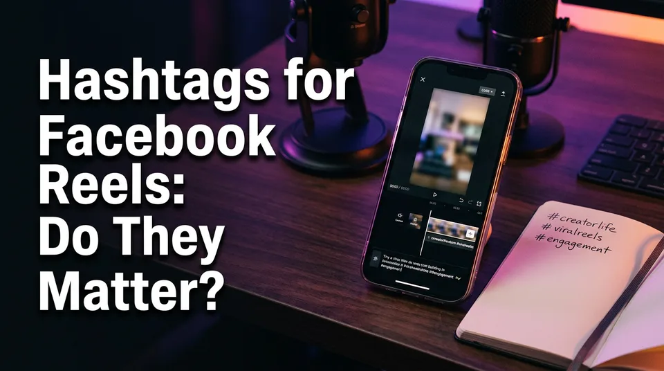Phone with a Reel caption and a short list of hashtags for Facebook Reels