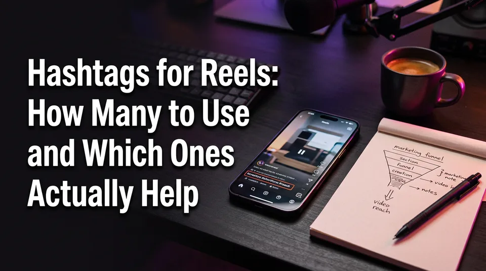 Phone with a short hashtag set under a Reel, explaining how to make reels go viral with hashtags