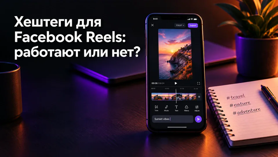 Телефон с подписью к Reels и коротким списком хештегов для Facebook Reels