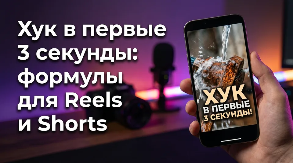 Телефон с вертикальным роликом и крупным текстом: хук для Reels в первые 3 секунды