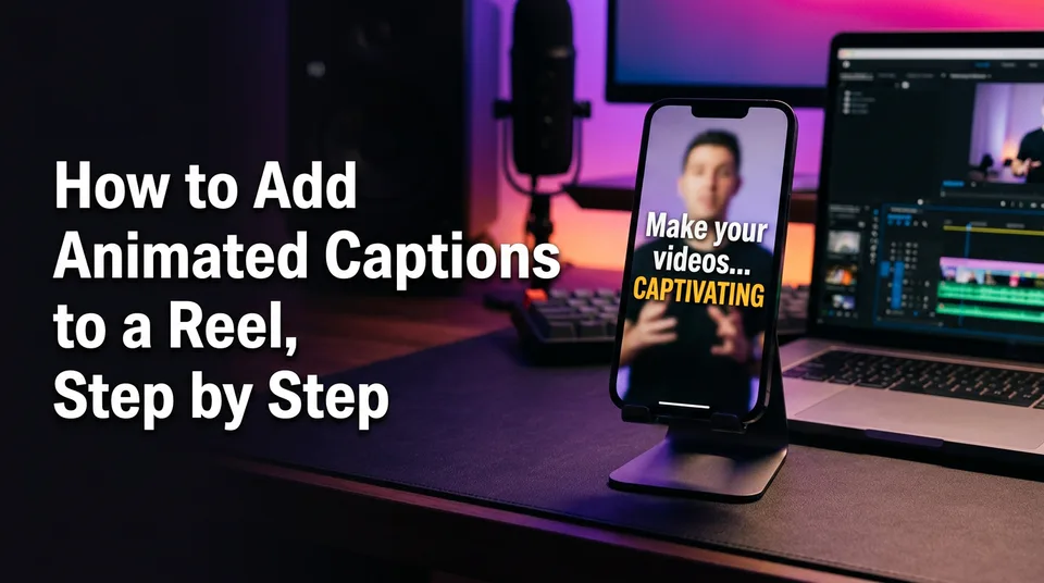 Phone showing a vertical Reel with animated captions and one highlighted word