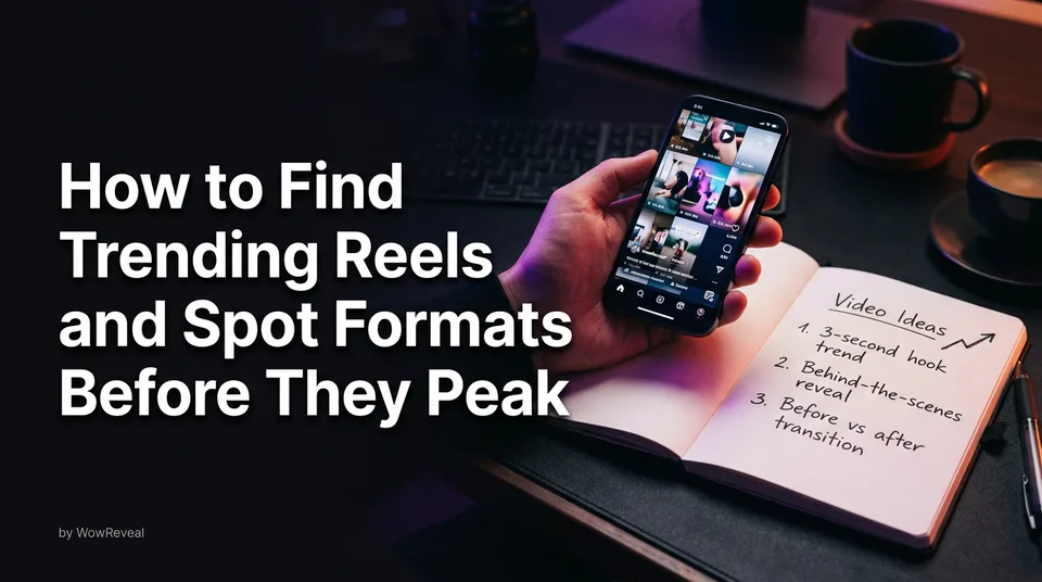 Phone with a vertical video feed and a notebook showing how to find trending reels