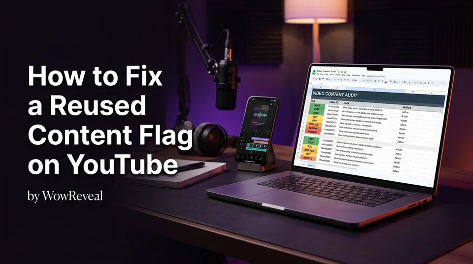 Spreadsheet audit of videos on a desk to fix reused content on YouTube