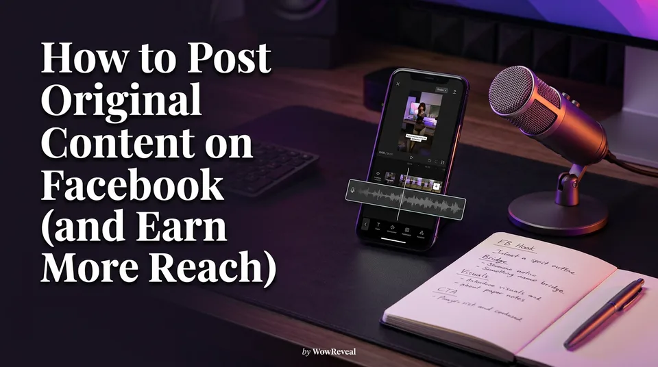Phone editing timeline with voiceover track, showing how to post original content on Facebook