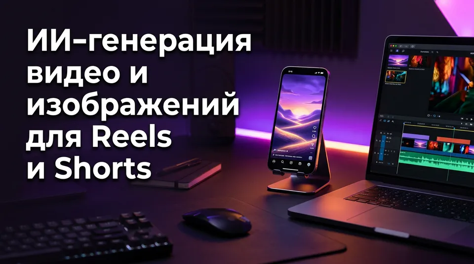 Смартфон с вертикальным кадром и монтажная лента: ИИ генерация видео для Reels