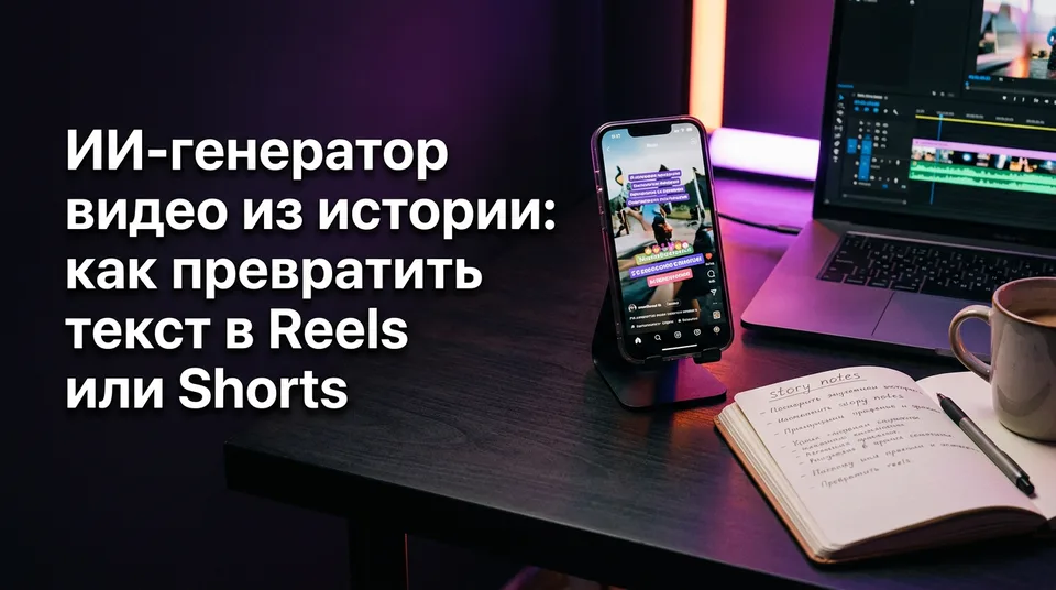Телефон с вертикальным видео, созданным в ИИ-генераторе историй