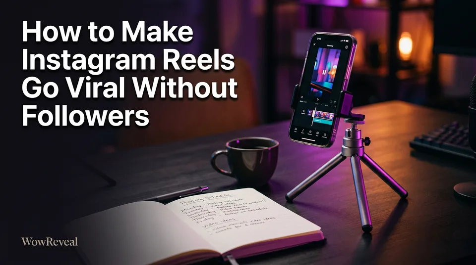 Phone with a vertical Reel on a desk, planning how to go viral on Instagram Reels without followers