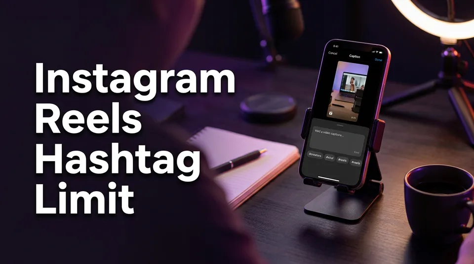 Phone showing a Reel caption with five hashtags, illustrating the Instagram Reels hashtag limit