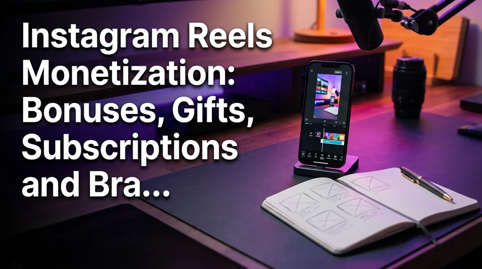 Phone showing a vertical video beside notes on Instagram Reels monetization options