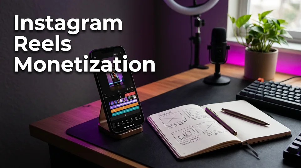 Phone showing a vertical video beside notes on Instagram Reels monetization options