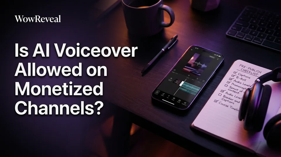 Phone with vertical video and checklist showing AI voiceover monetization rules