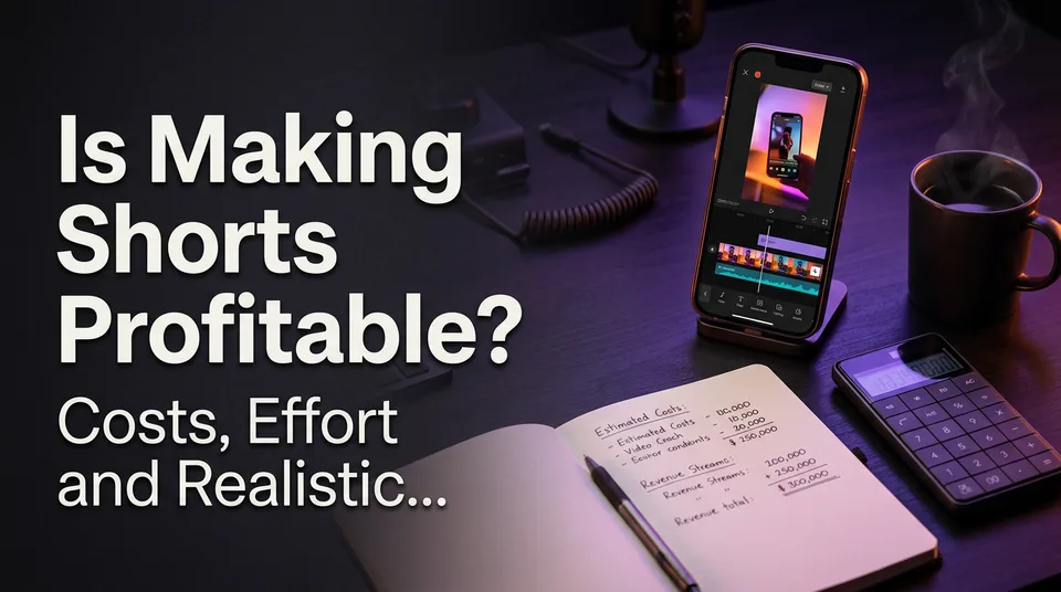 Phone with vertical video and a break-even calculation showing whether making AI Shorts is profitable