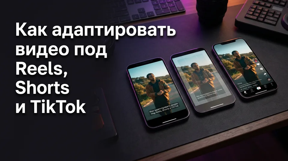 Три смартфона с одним вертикальным роликом: как адаптировать видео под Reels, Shorts и TikTok