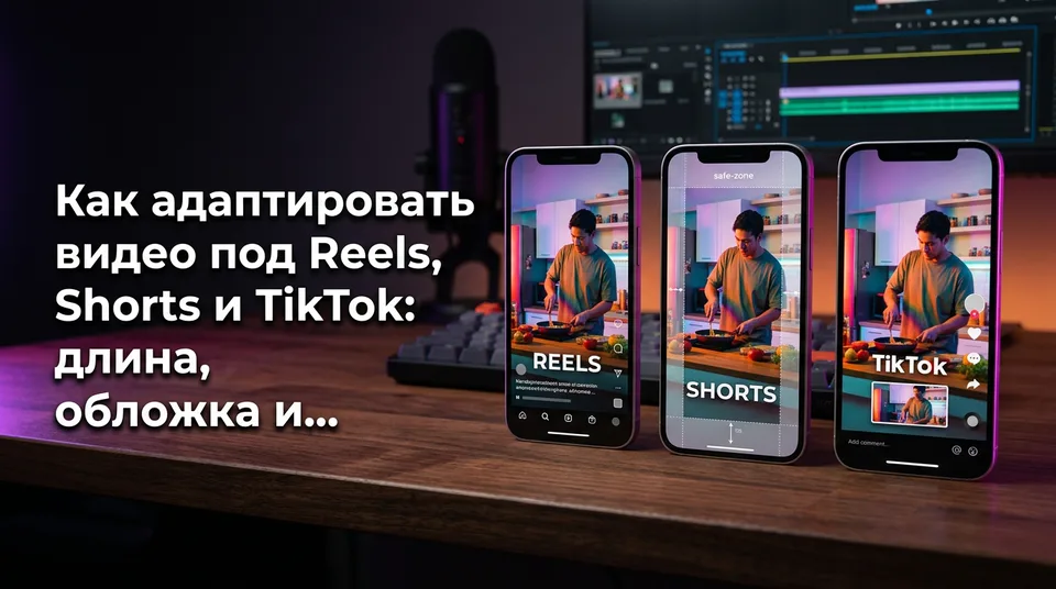 Три смартфона с одним вертикальным роликом: как адаптировать видео под Reels, Shorts и TikTok