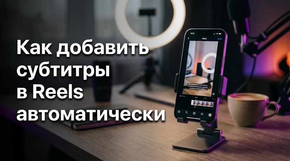 Экран телефона с редактором вертикального видео, где показано, как добавить субтитры в Reels