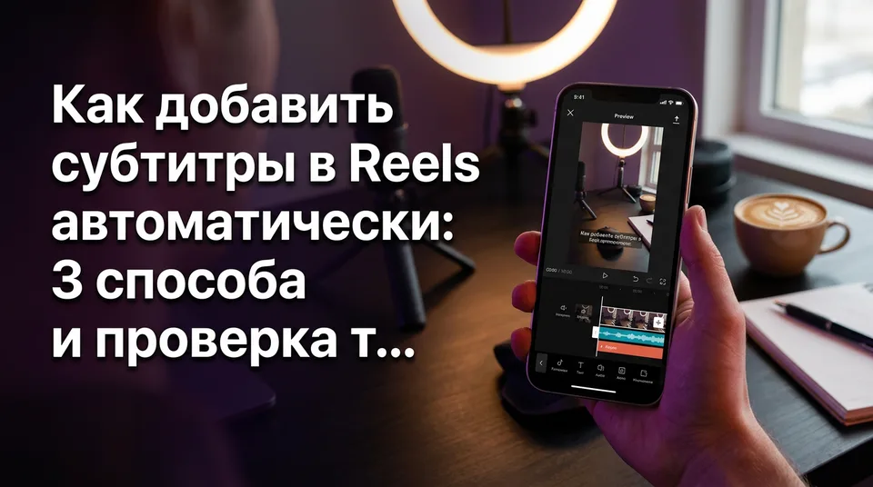 Экран телефона с редактором вертикального видео, где показано, как добавить субтитры в Reels