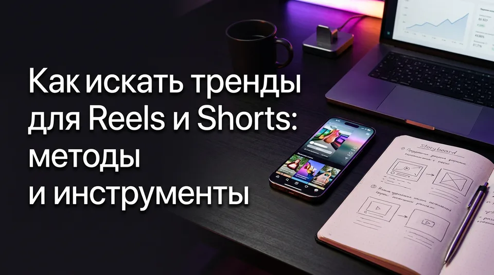 Смартфон с вертикальной лентой и блокнот: как найти тренды для Reels